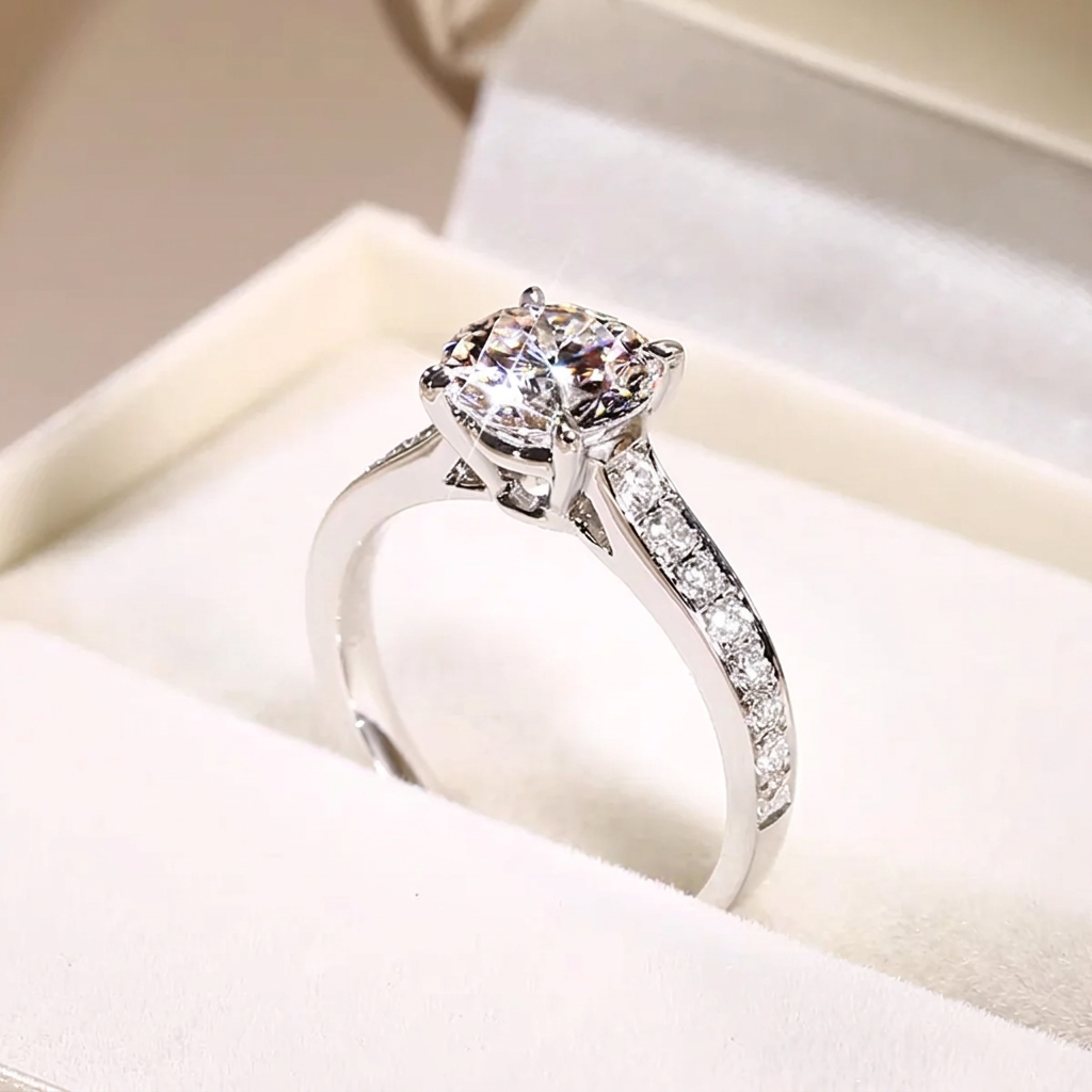 An engagement ring with a lab-grown diamond in an open ring box